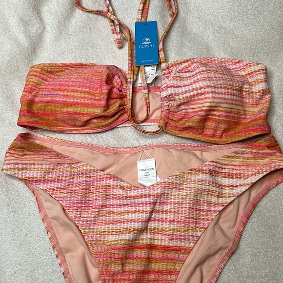 New Cupshe High Tide Strappy Cutout Tie Back & V-Front Cheeky Bikini Set - Picture 4 of 7